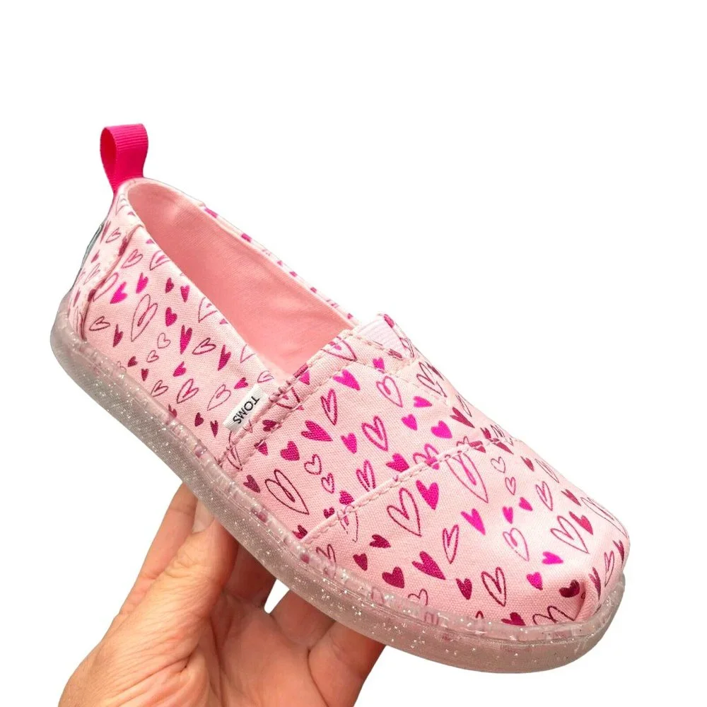 Toms Little Girls Alpargata‎ Shoes Size 13 Pink Heart Print Slip on Lightweight